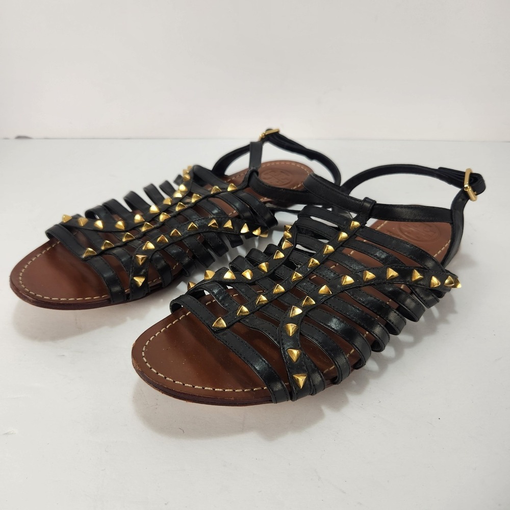 Tory Burch Women's Elegant Studded Strappy Black Leather Sandals Size 9.5M